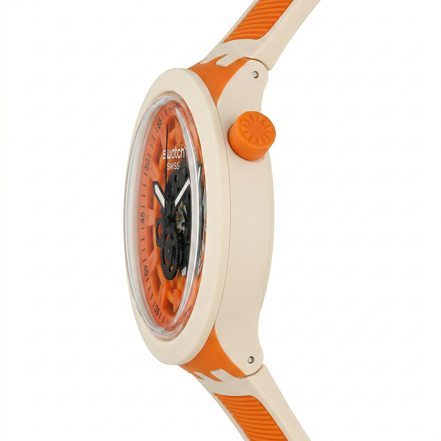 Swatch Swiss Skeleton Round White Case Blue Silicone Strap
