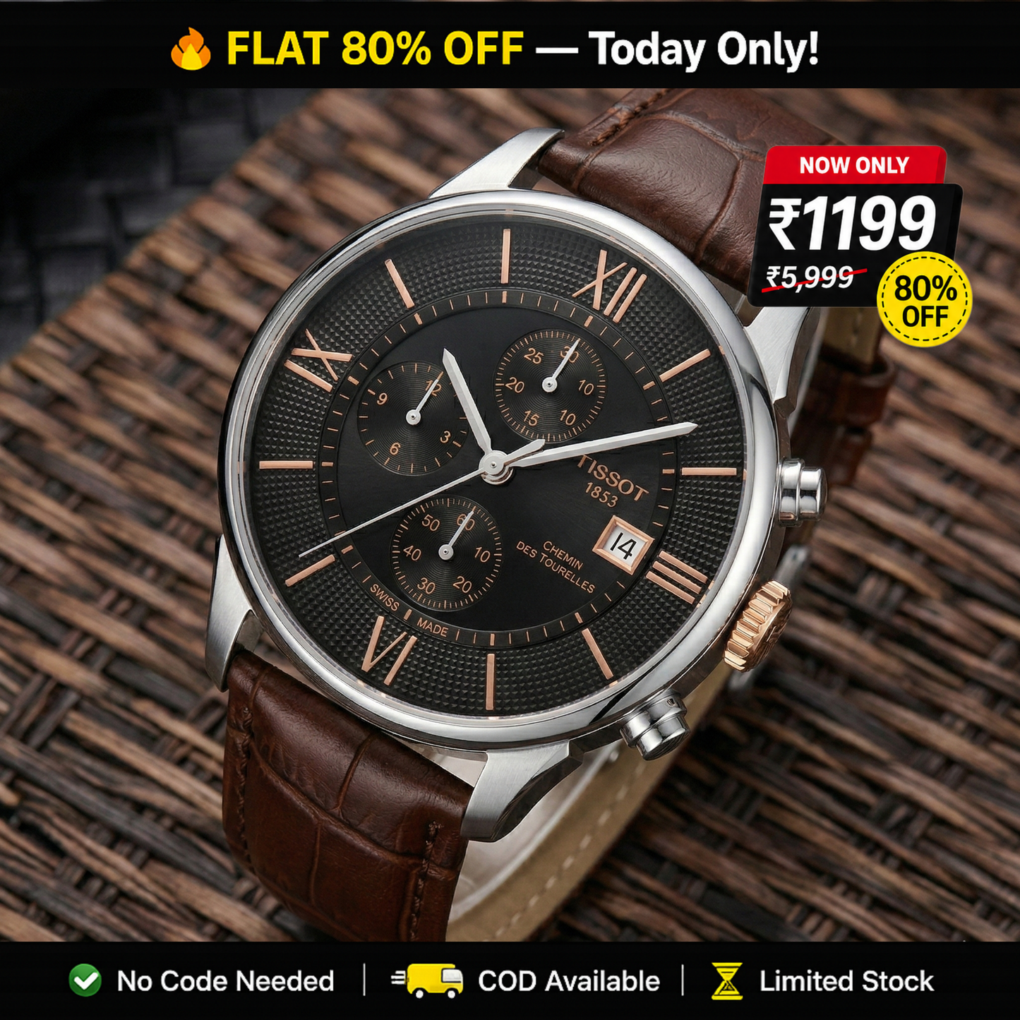 Tissot Chemin 1853 – Black Dial Brown Leather Chronograph