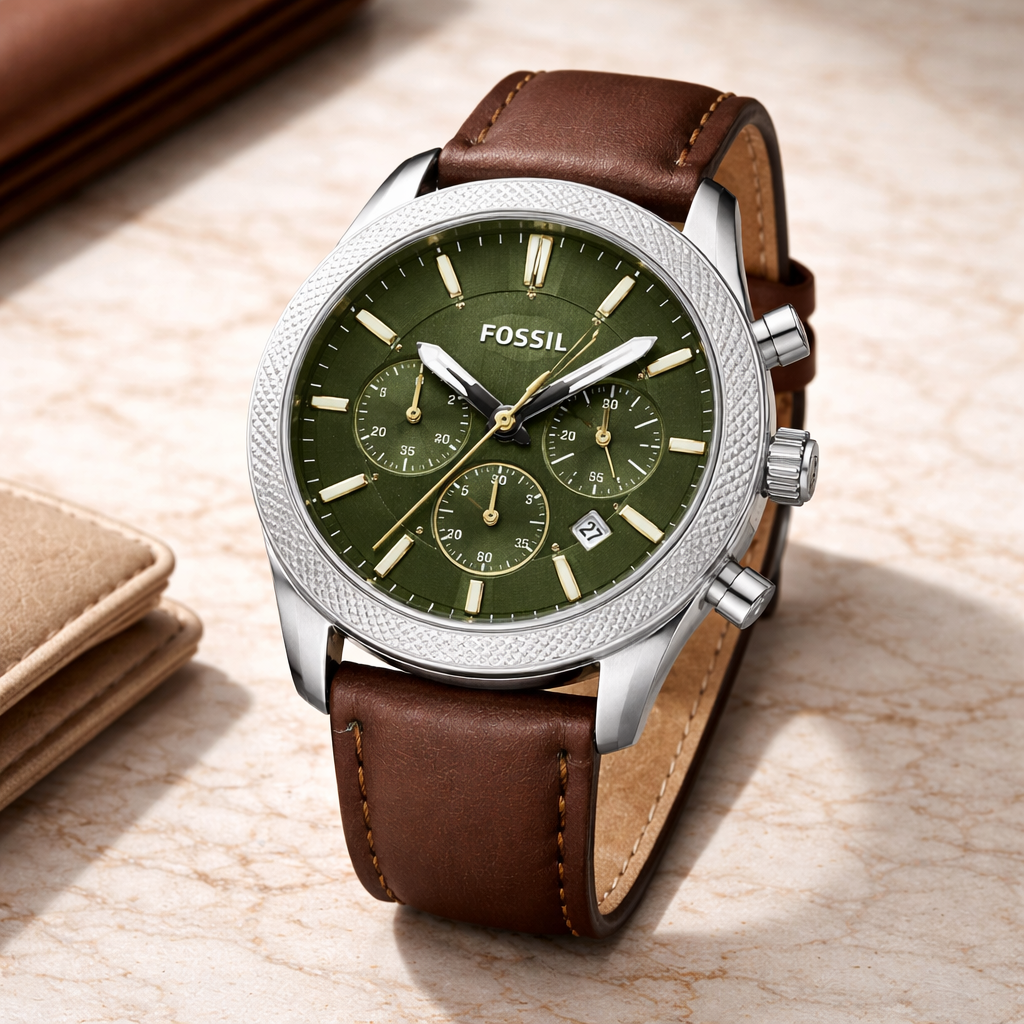 Fossil Chronograph Sport Green Dial – Silver Case Brown Leather Strap