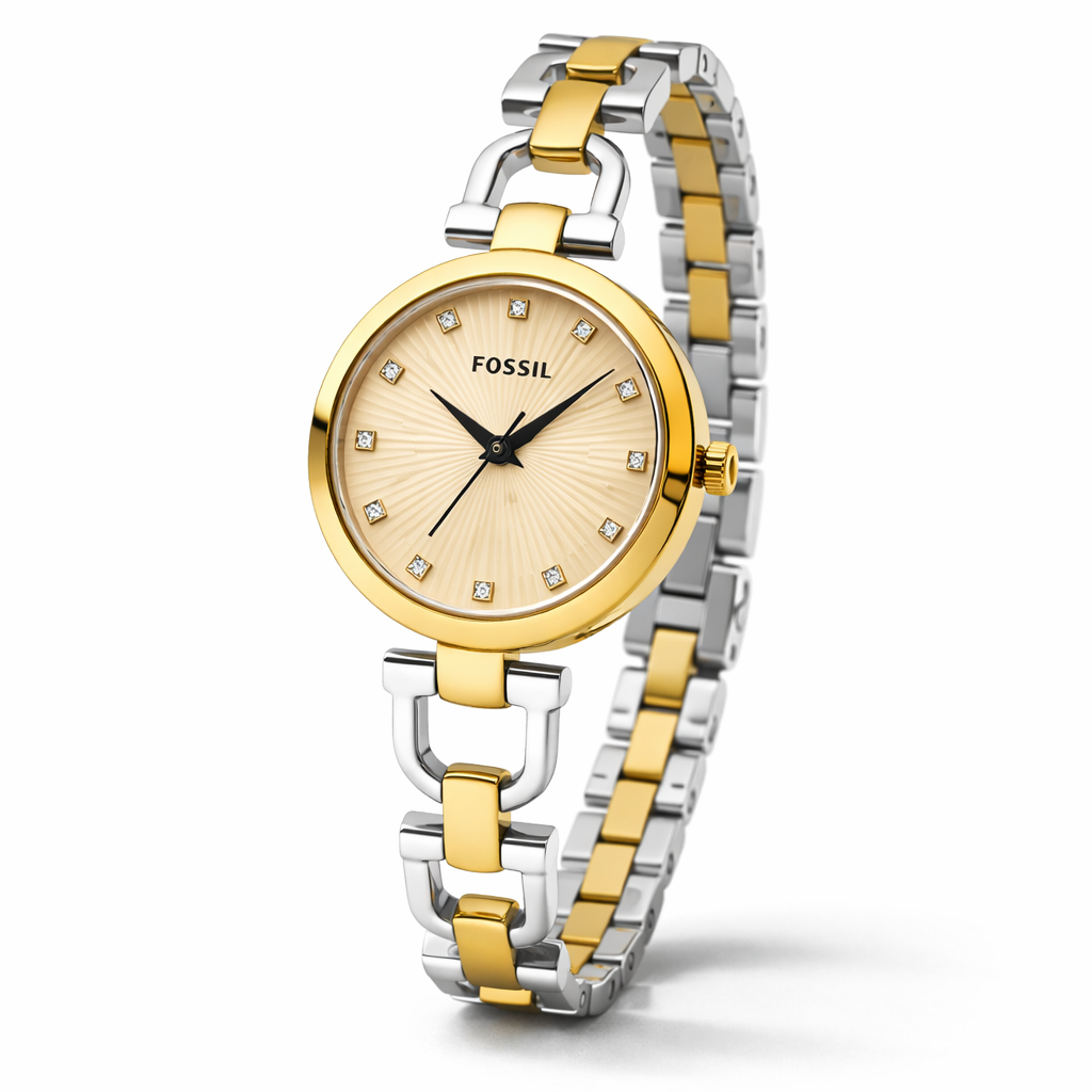 Fossil Elegant Crystal Dial Gold Case Two-Tone Bracelet