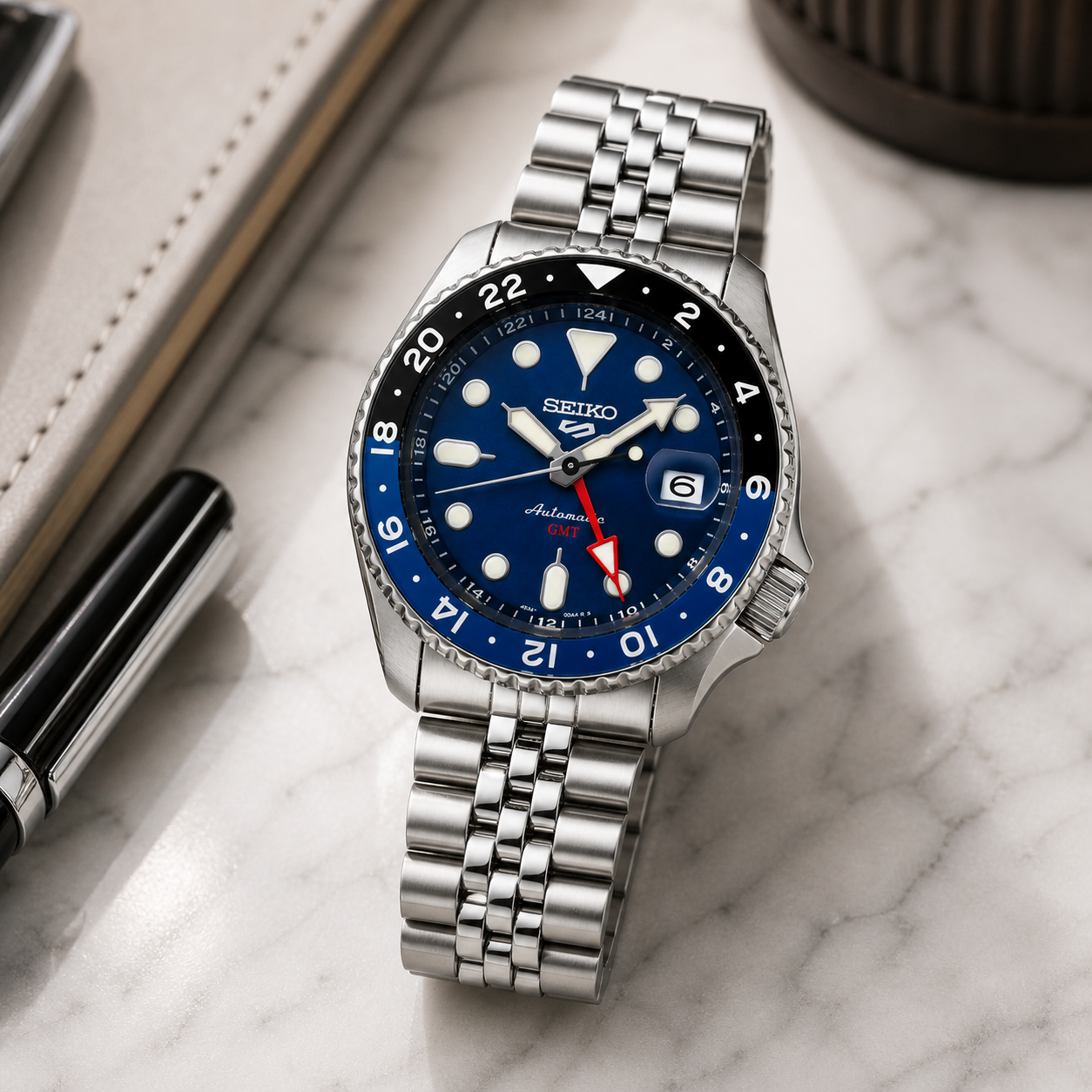 Seiko 5 GMT Automatic Stainless Steel Blue Dial Jubilee Watch