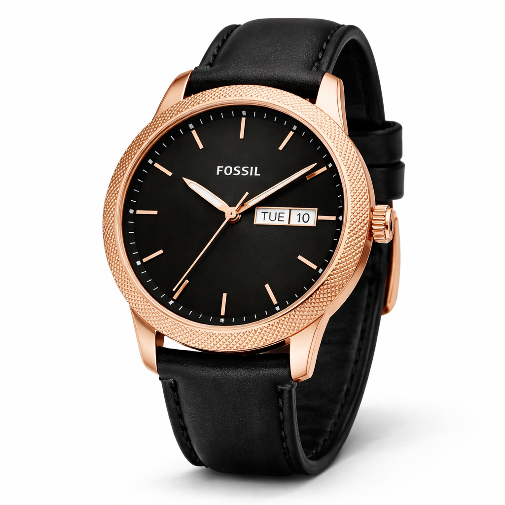 Fossil Minimal Black Dial Rose Gold Case Black Leather Strap