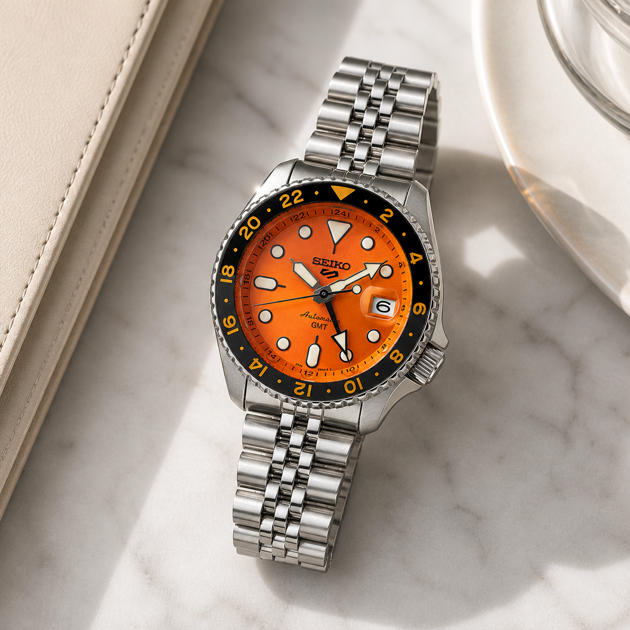 Seiko 5 GMT Automatic Stainless Steel Orange Dial Jubilee Watch