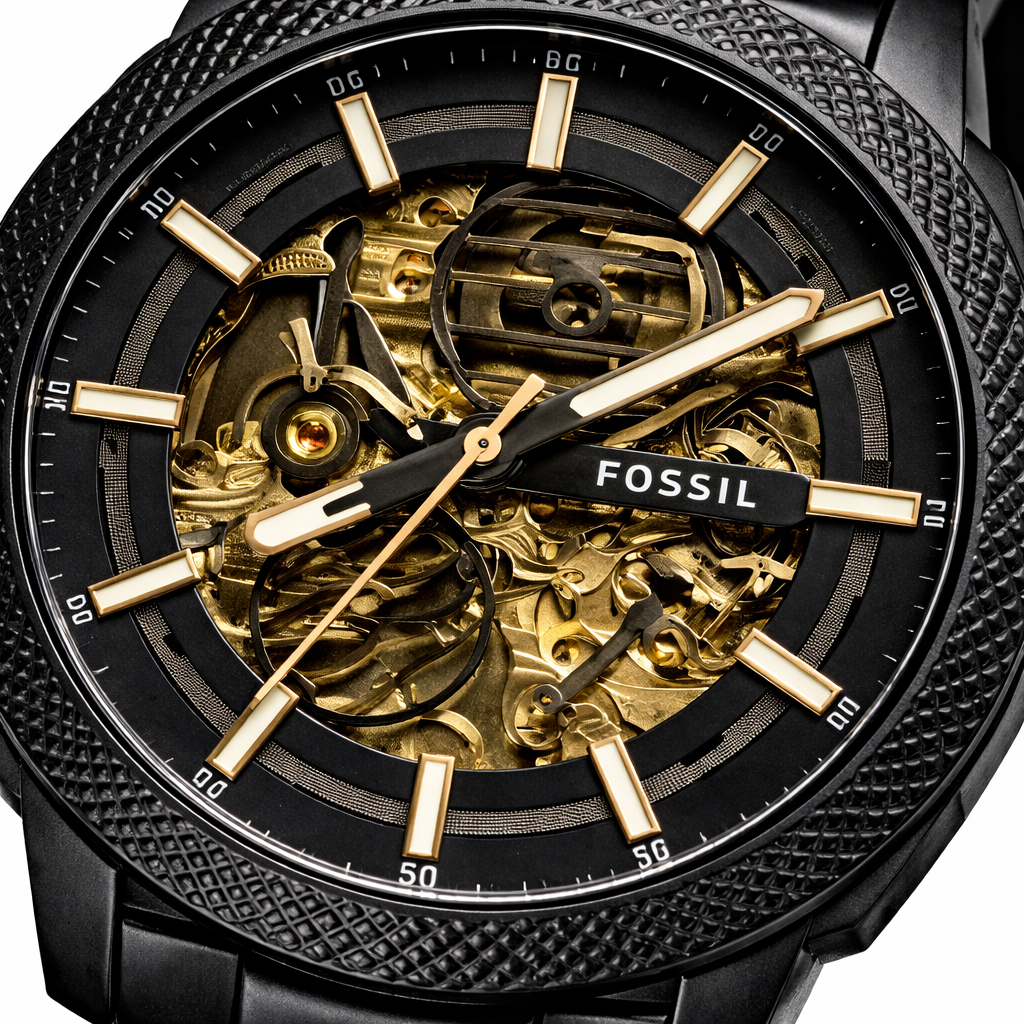 Fossil Automatic Skeleton Black Dial Black Stainless Steel Bracelet