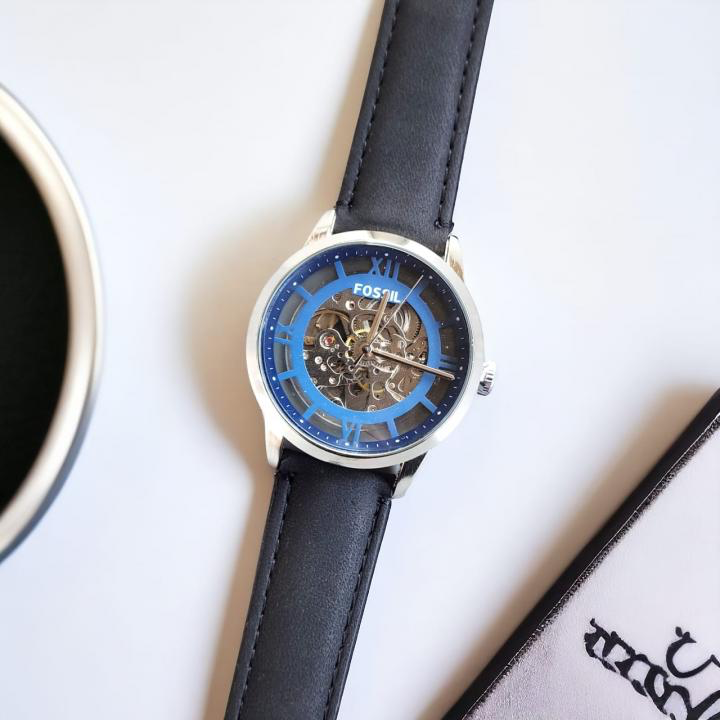 Fossil Skeleton Roman Dial Silver Case Black Leather Watch