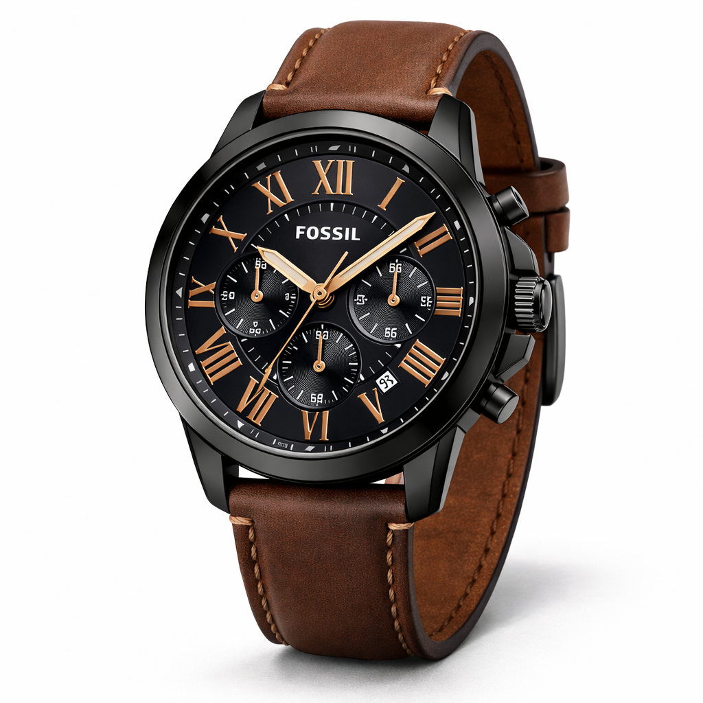 Fossil Chronograph Black Dial Black Case Brown Leather Strap