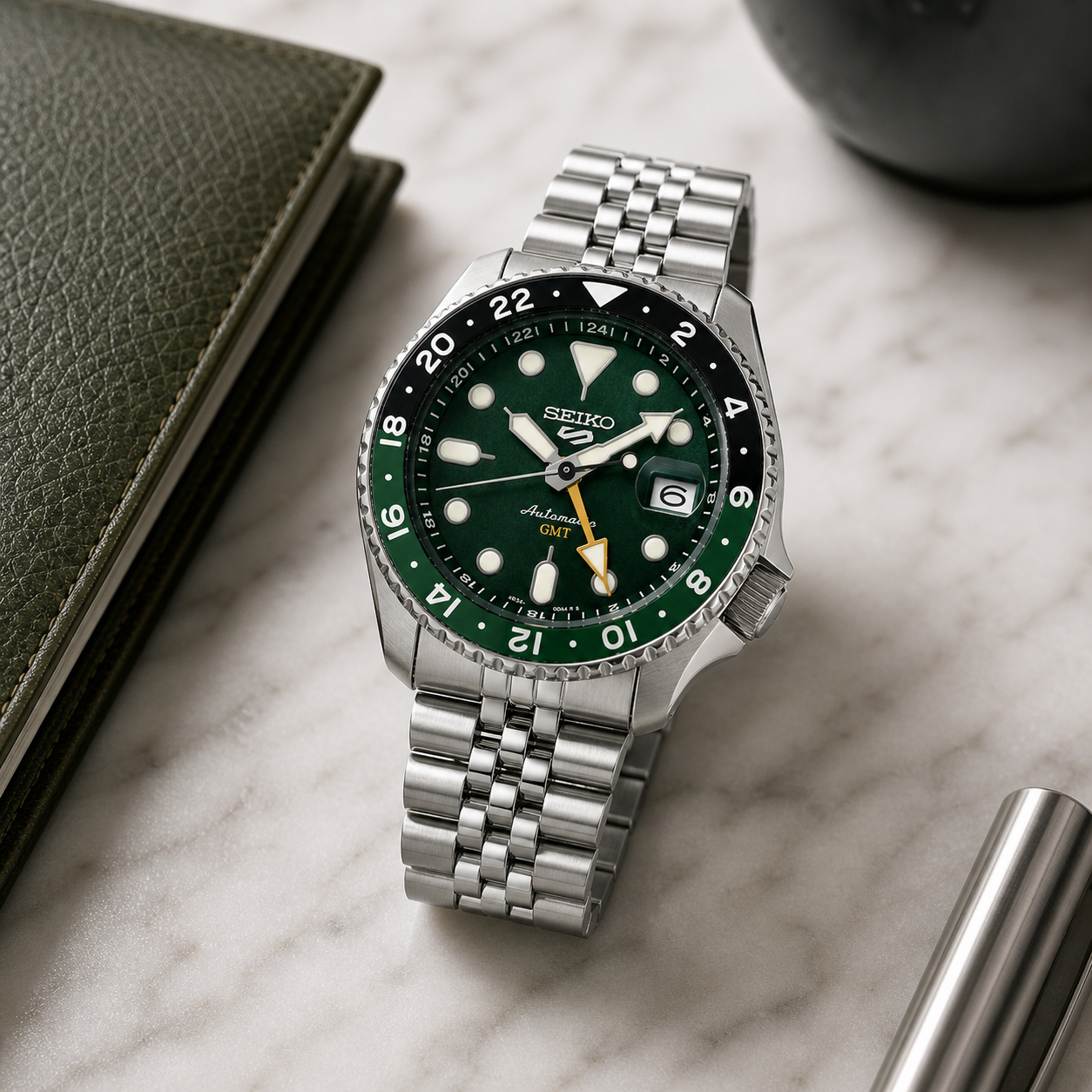 Seiko 5 GMT Automatic Stainless Steel Green Dial Jubilee Watch (Green Black Bezel)