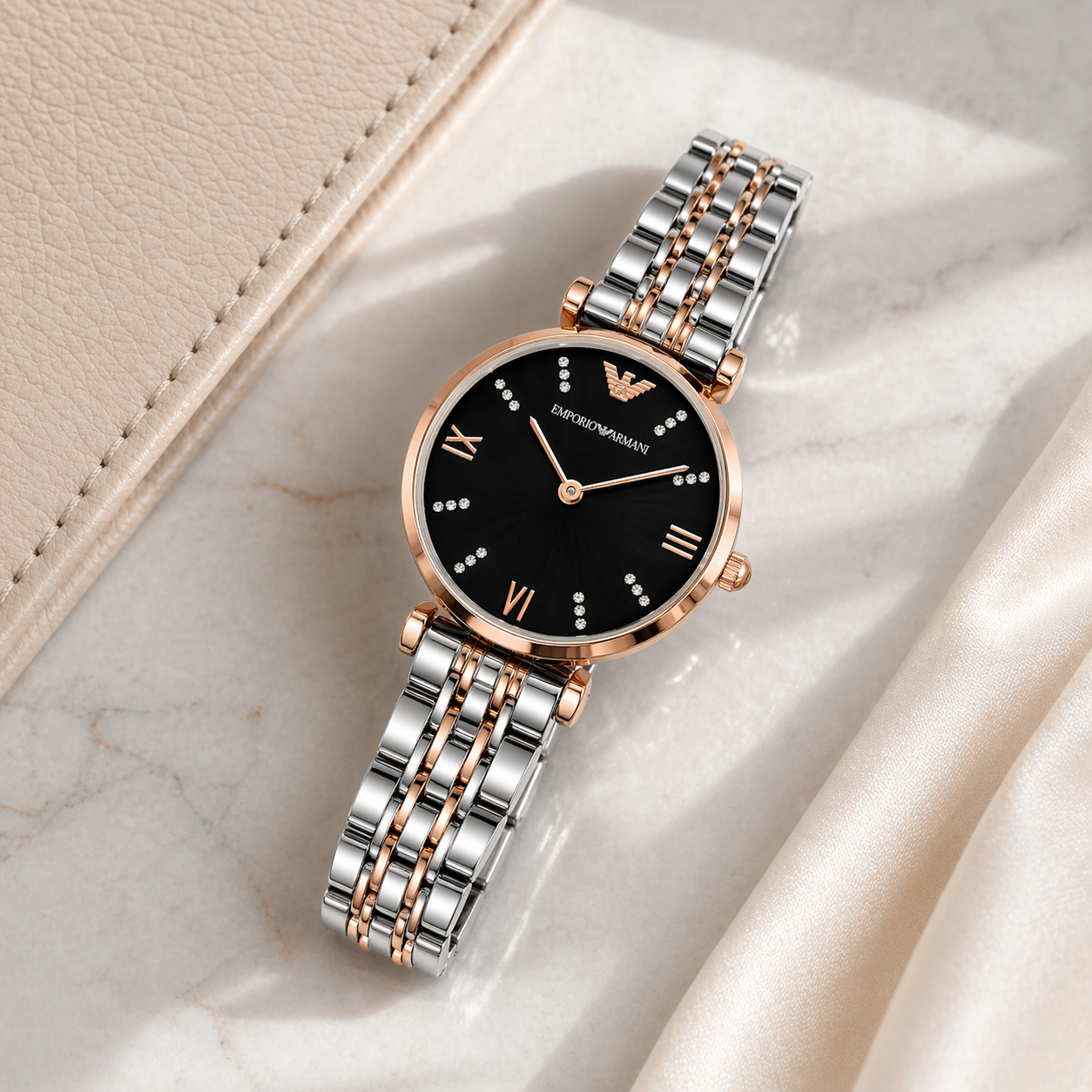 Emporio Armani Elegant Black Dial Rose Gold Case Dual-Tone Stainless Steel Watch