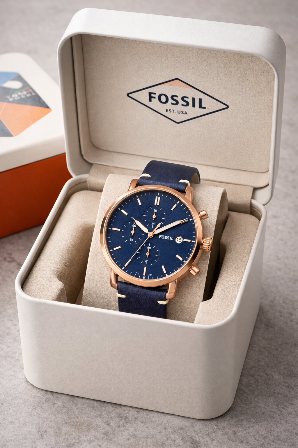 Fossil Minimalist Chronograph Watch Rose Gold Case Navy Dial Leather Strap