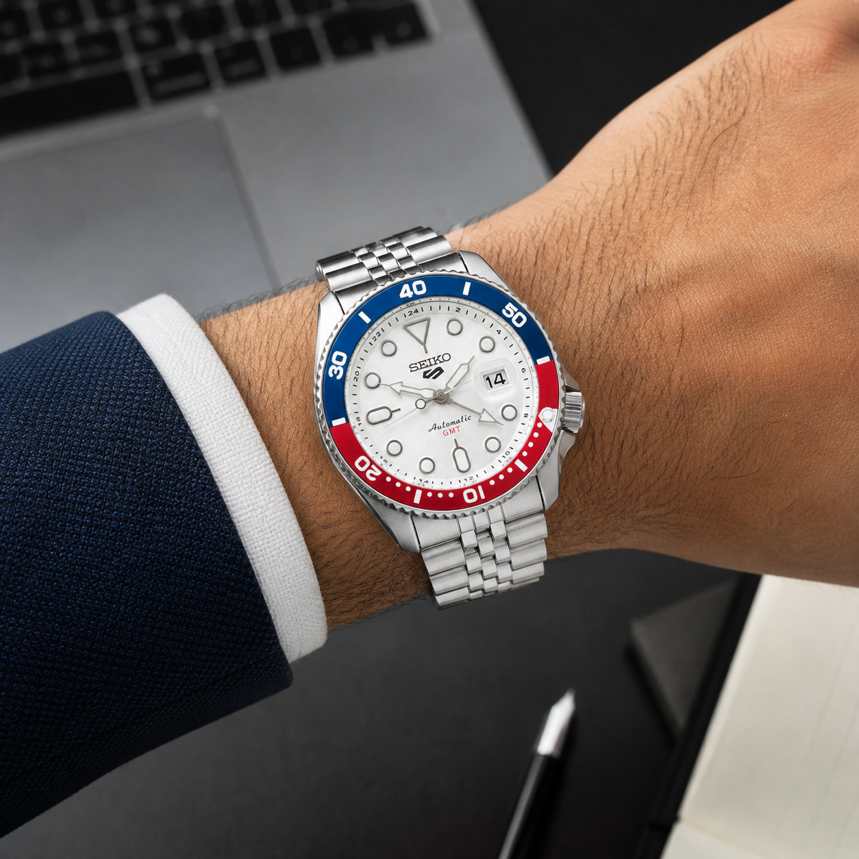 Seiko 5 GMT Automatic Stainless Steel White Dial Jubilee Watch