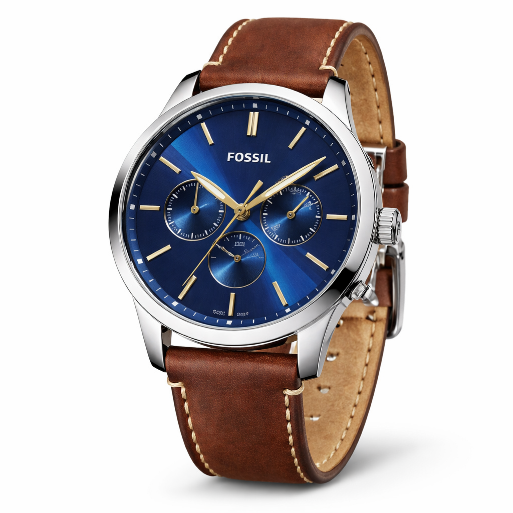 Fossil Multifunction Blue Dial Silver Case Brown Leather Strap