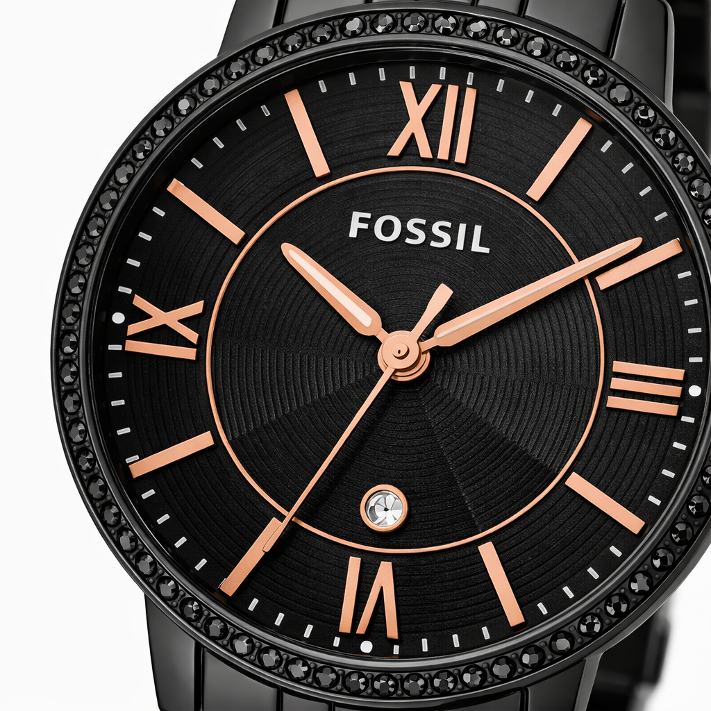 Fossil Crystal Bezel Black Dial Gunmetal Stainless Steel Bracelet