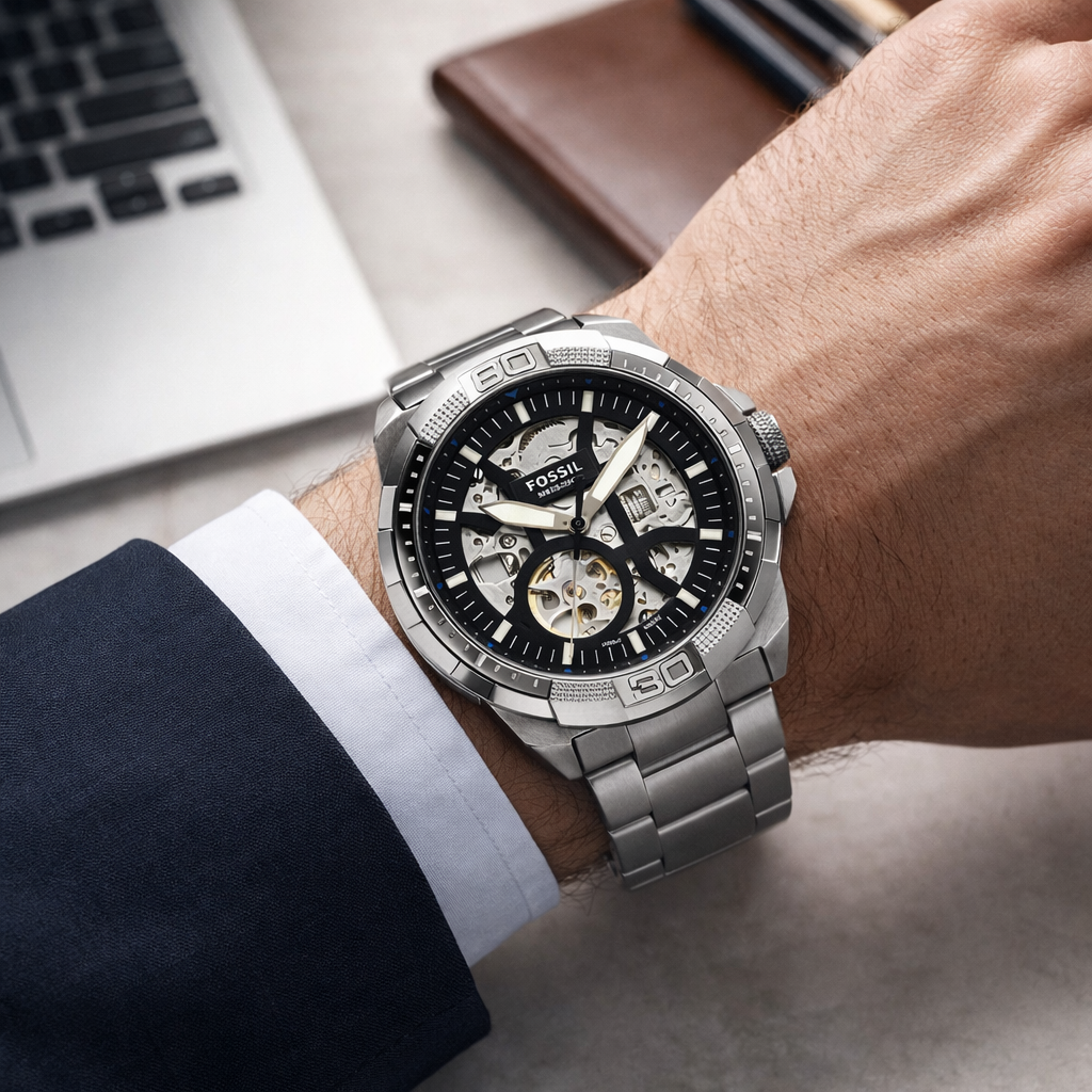 Fossil Bronson Skeleton Silver Case Stainless Steel Watch