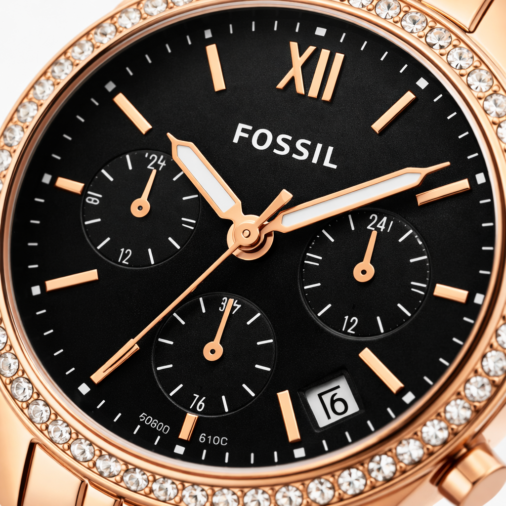 Fossil Chronograph Crystal Bezel Black Dial Rose Gold Stainless Steel Bracelet