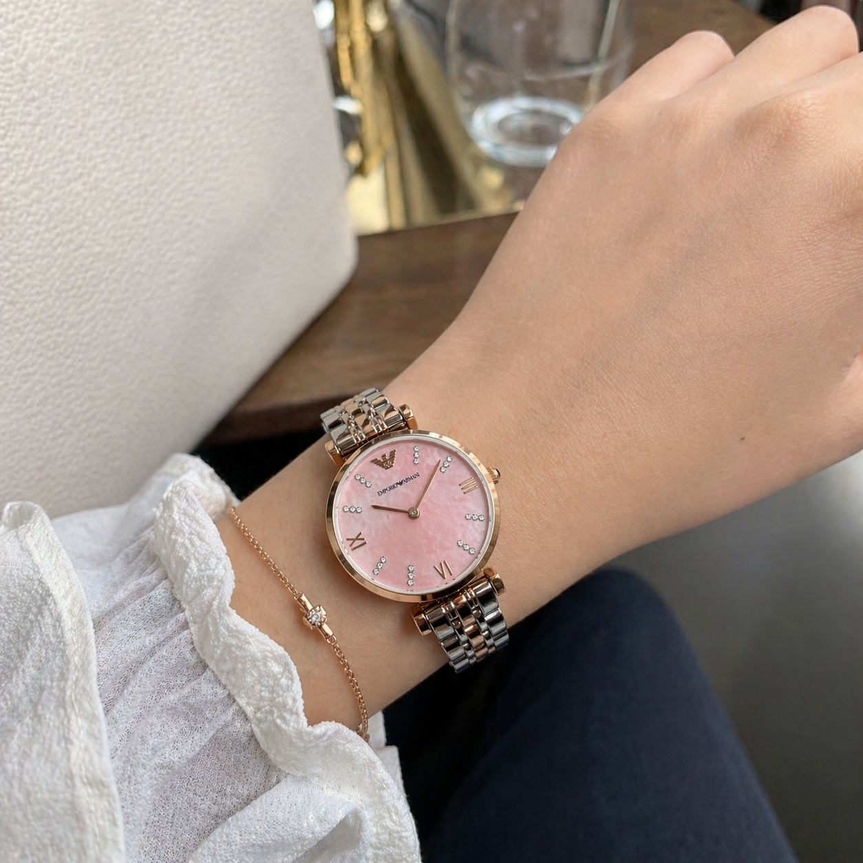 Emporio Armani Elegant Slim Pink Dial Watch – Rose Gold Case Dual-Tone Stainless Steel Bracelet