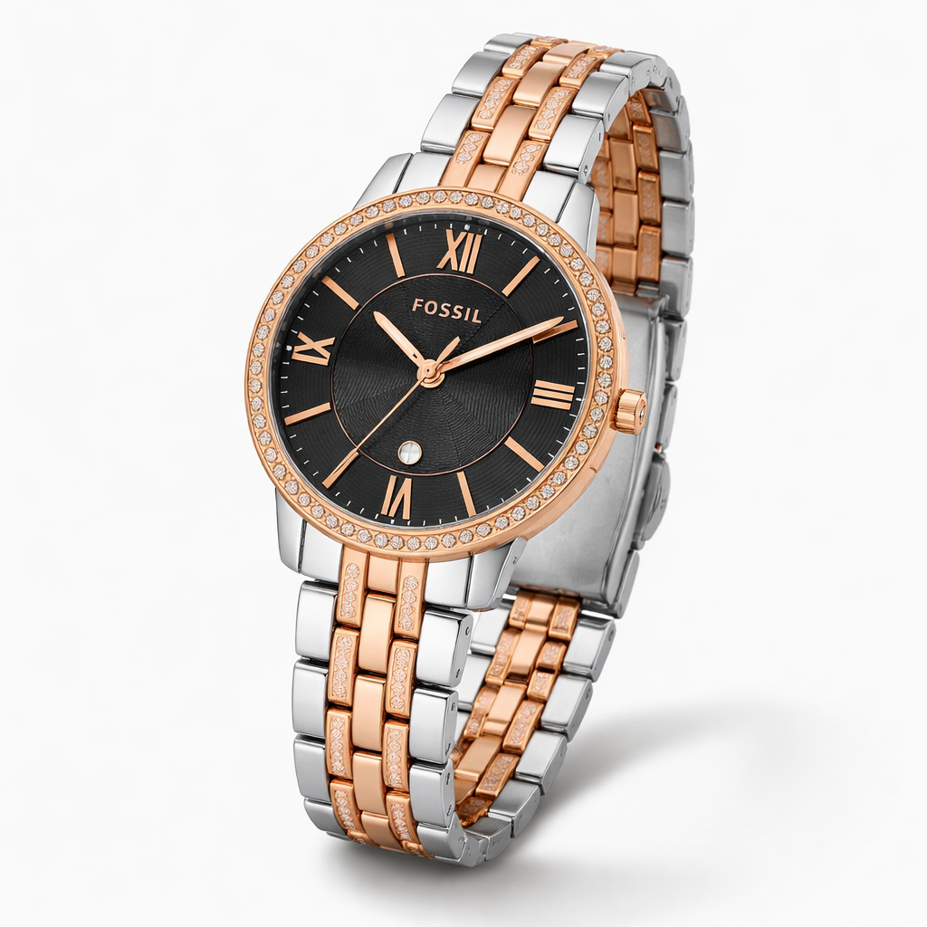 Fossil Crystal Bezel Black Dial Two-Tone Stainless Steel Bracelet