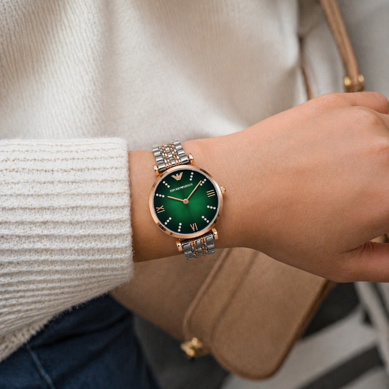 Emporio Armani Elegant Green Dial Rose Gold Case Dual-Tone Stainless Steel Watch