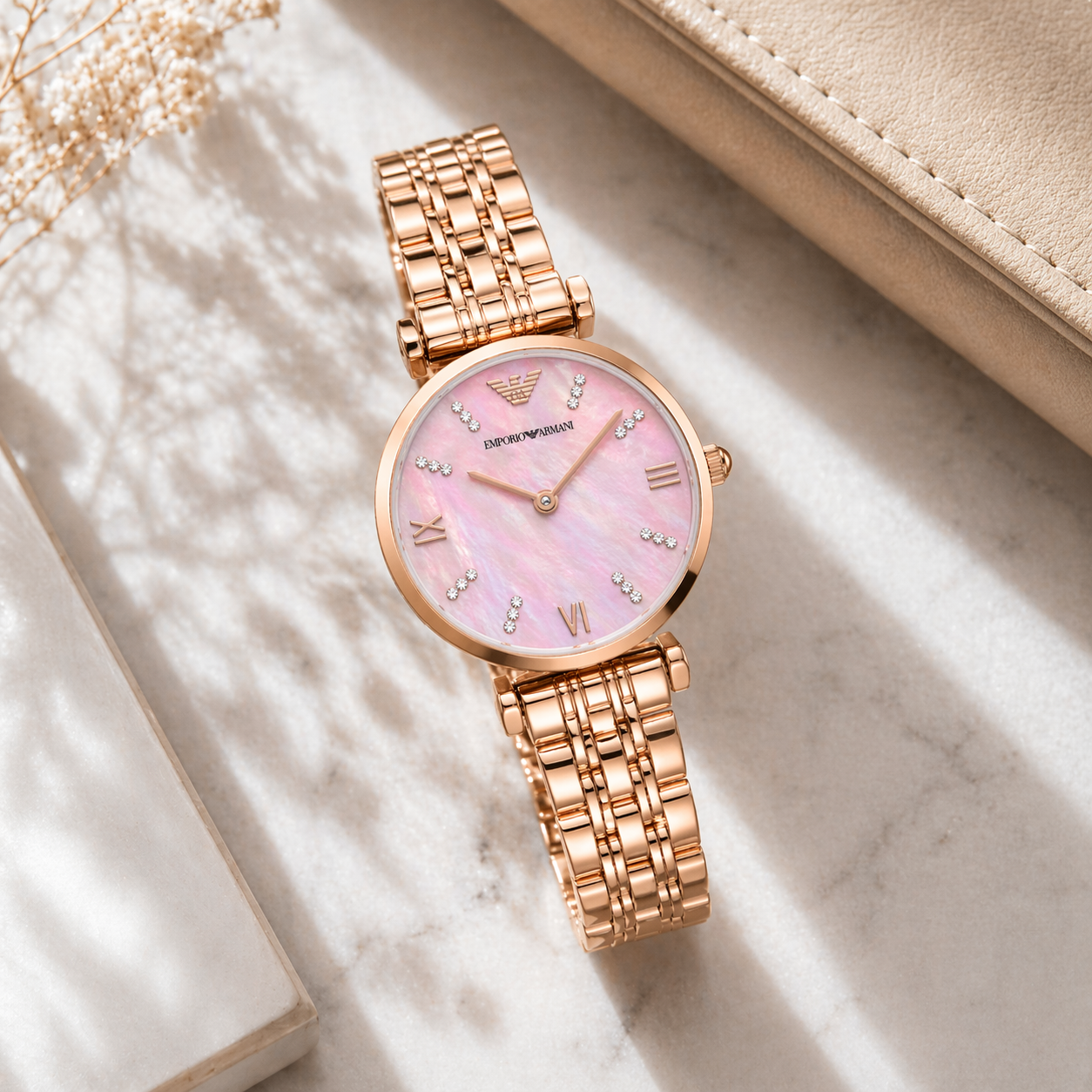 Emporio Armani Minimal Pink Mother-of-Pearl Dial Watch – Rose Gold Case Stainless Steel Bracelet