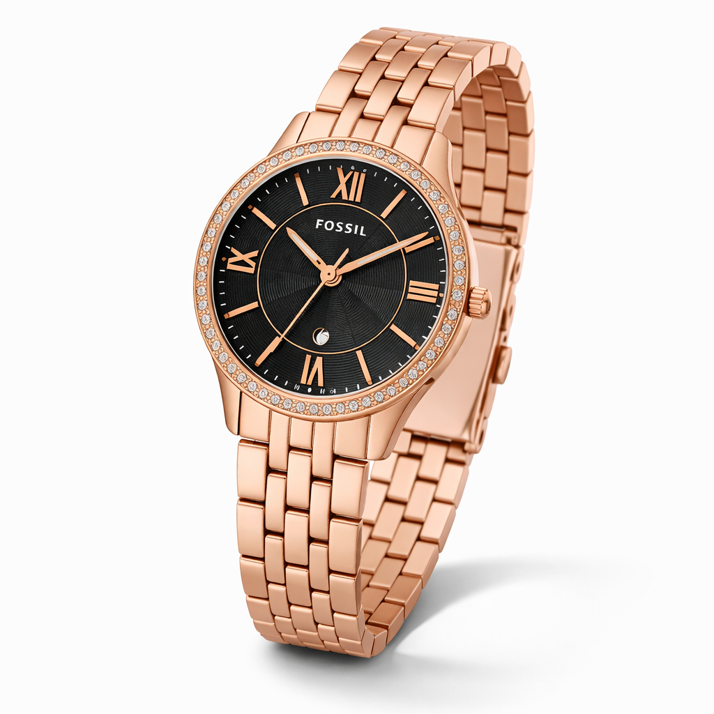 Fossil Crystal Bezel Black Dial Rose Gold Stainless Steel Bracelet