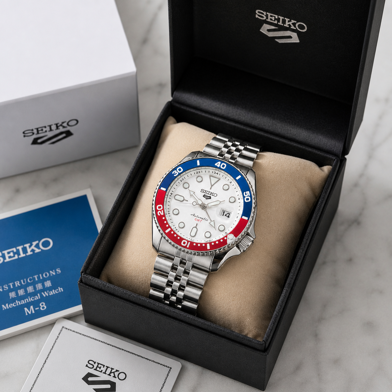 Seiko 5 GMT Automatic Stainless Steel White Dial Jubilee Watch