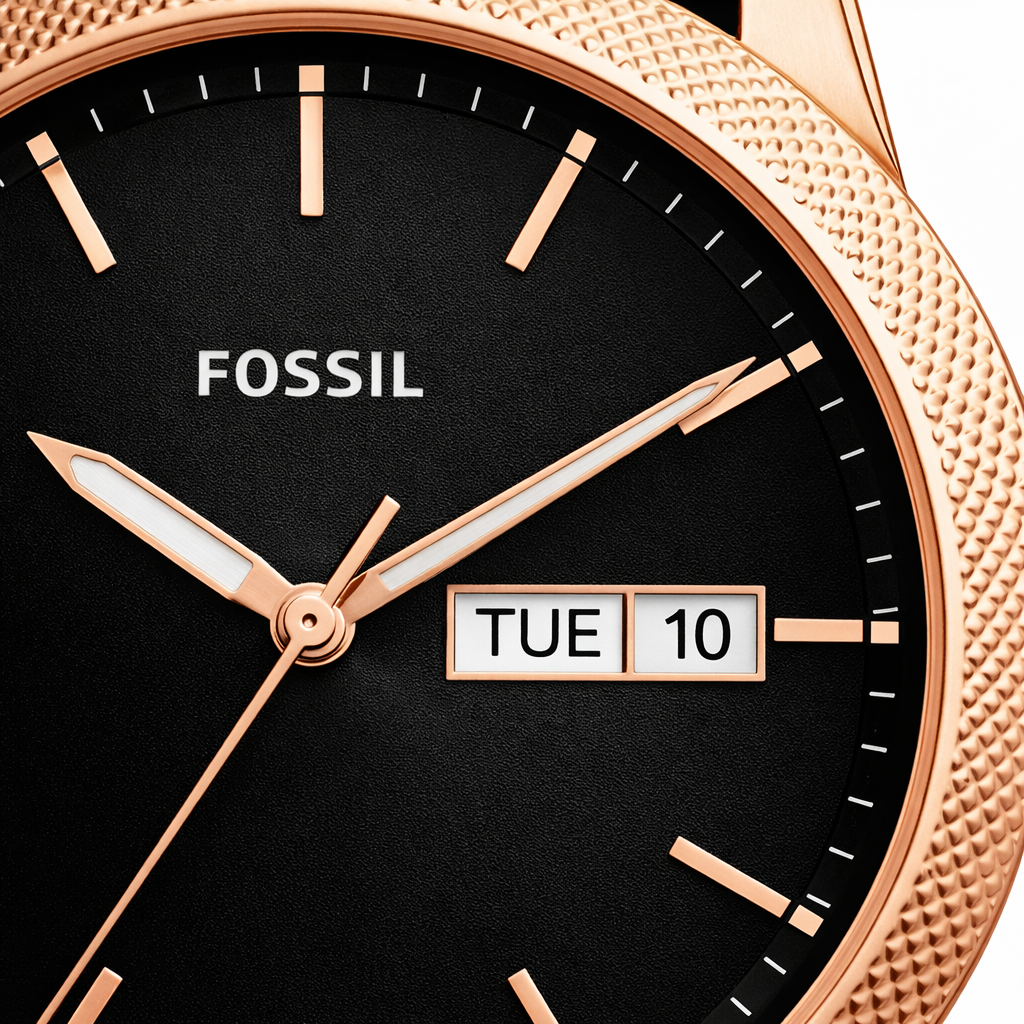 Fossil Minimal Black Dial Rose Gold Case Black Leather Strap