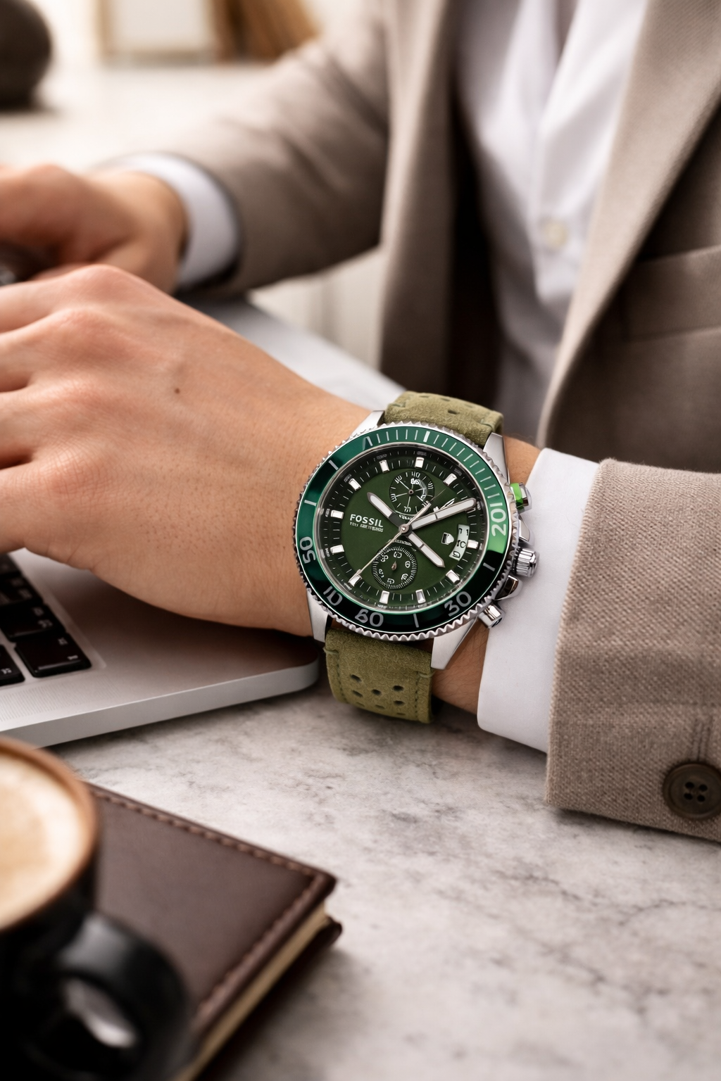 Fossil Sport Chronograph Green Dial Silver Case Olive Leather Strap