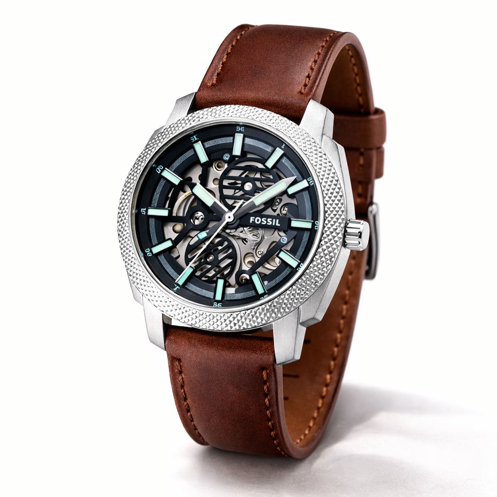 Fossil Automatic Skeleton Black Dial Silver Case Brown Leather Strap
