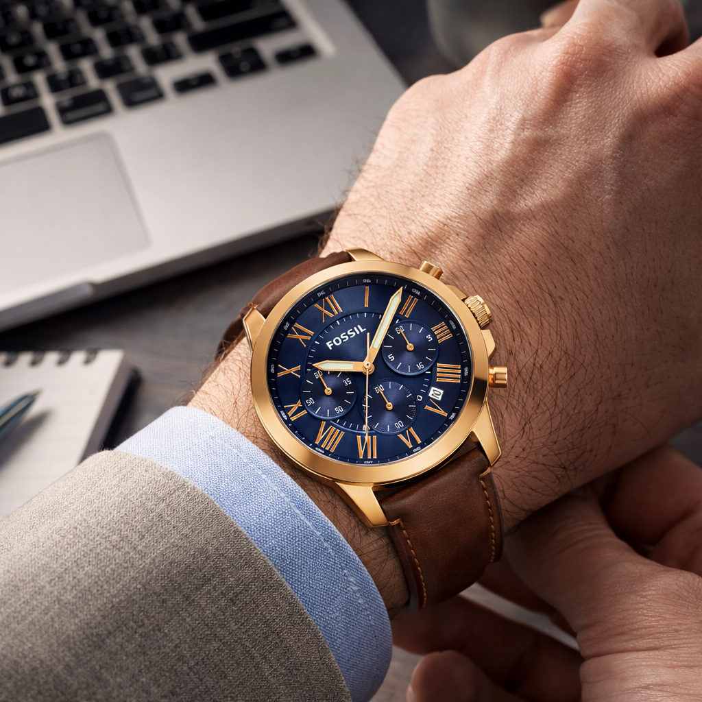 Fossil Chronograph Blue Dial Rose Gold Case Brown Leather Strap