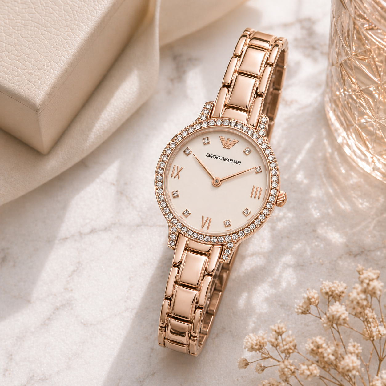 Emporio Armani Crystal Bezel Classic – Rose Gold Case Ivory Dial Stainless Steel Bracelet