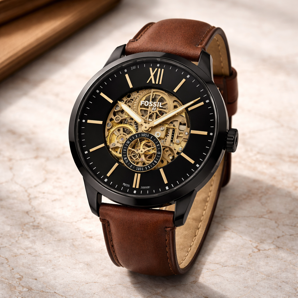 Fossil Skeleton Classic Black Case Brown Leather Watch