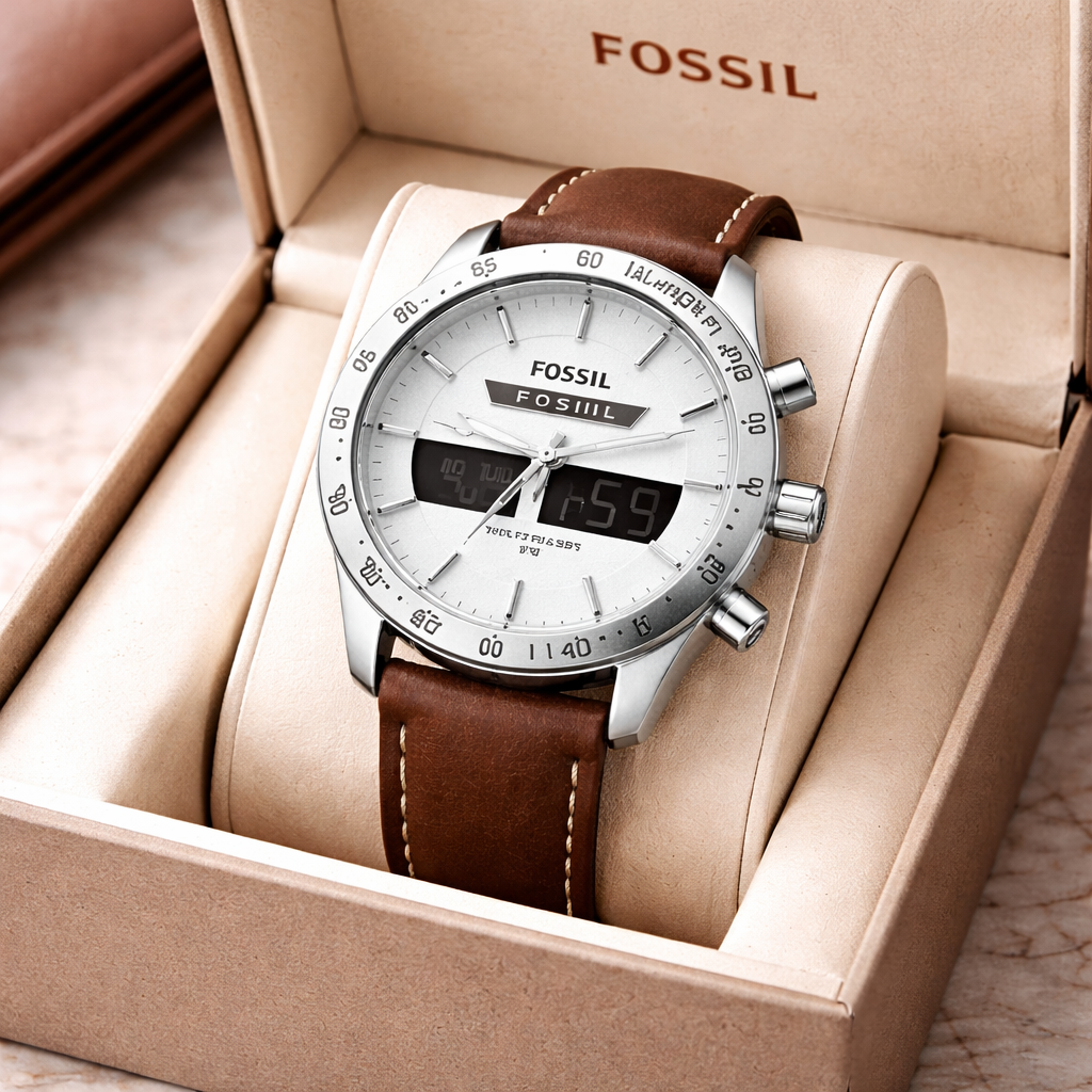 Fossil Hybrid Chronograph White Dial – Silver Case Brown Leather Strap
