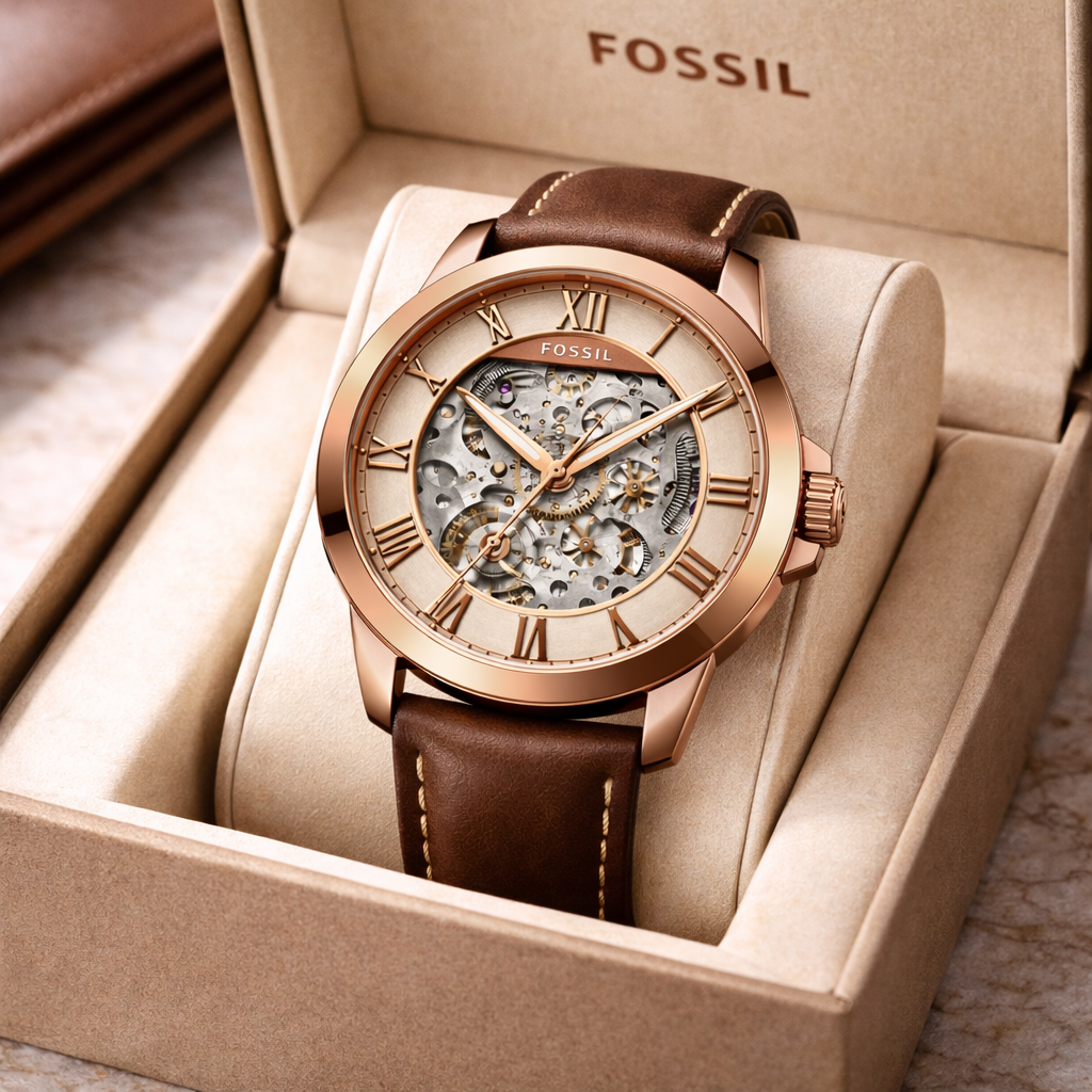 Fossil Skeleton Classic Rose Gold Case – Brown Leather Strap