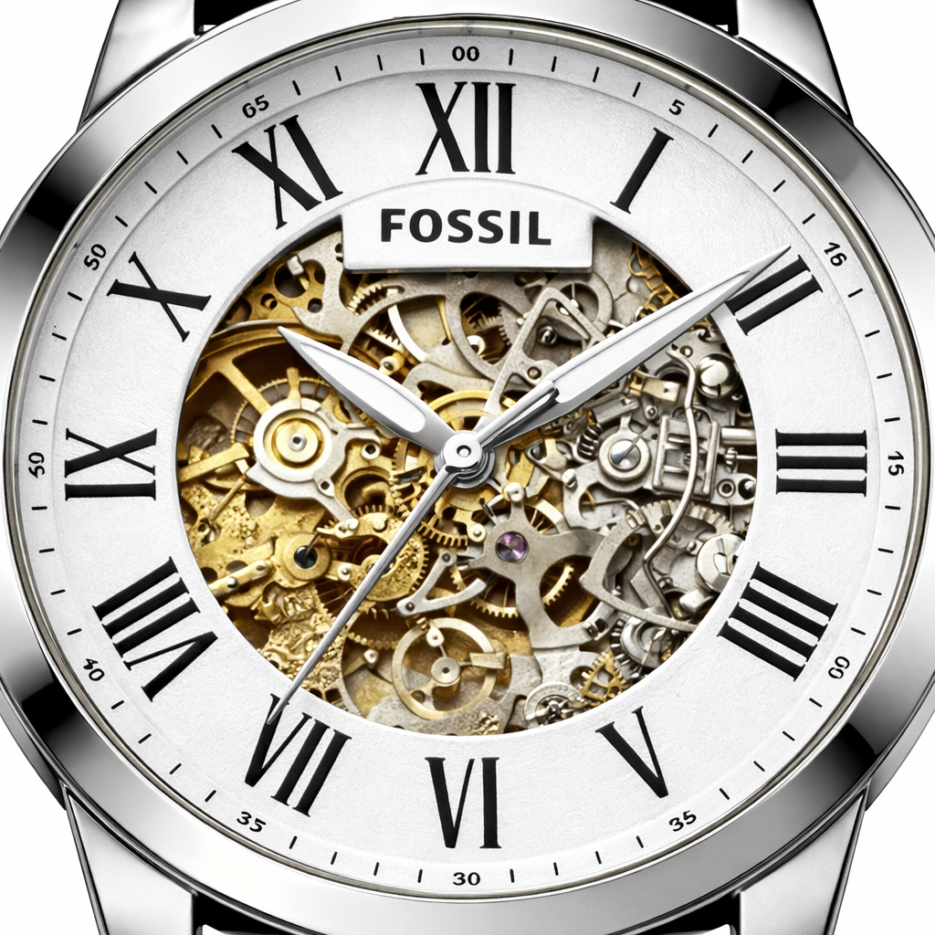 Fossil Skeleton Classic White Roman Dial – Black Leather Strap