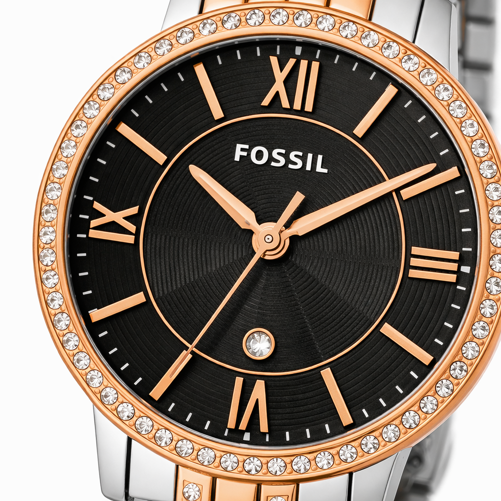 Fossil Crystal Bezel Black Dial Two-Tone Stainless Steel Bracelet