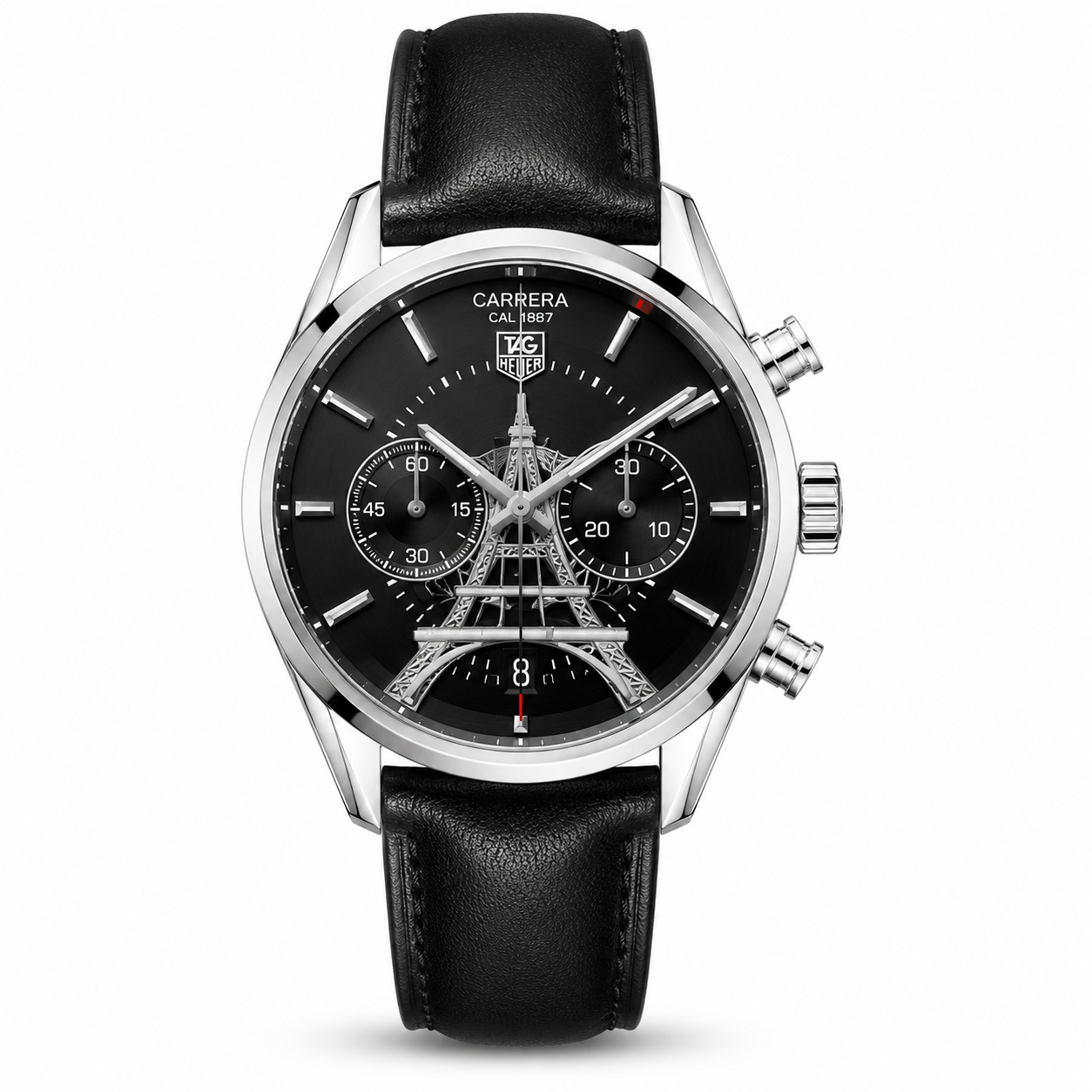 TAG Heuer Carrera Chronograph Silver Case Black Leather Strap Watch