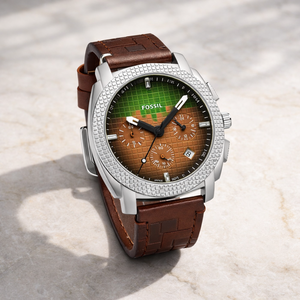 Fossil Grid Chronograph Silver Case Brown Leather Watch