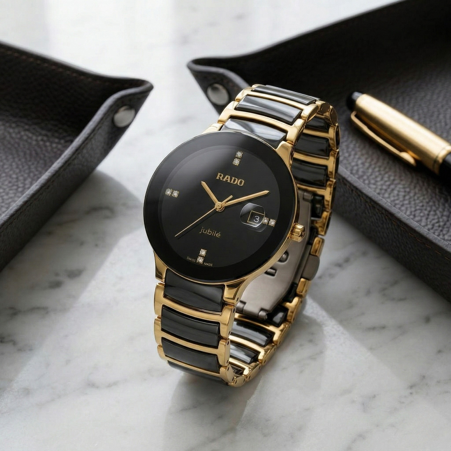 Rado Jubile Round Black Dial Gold Case Ceramic Bracelet Watch