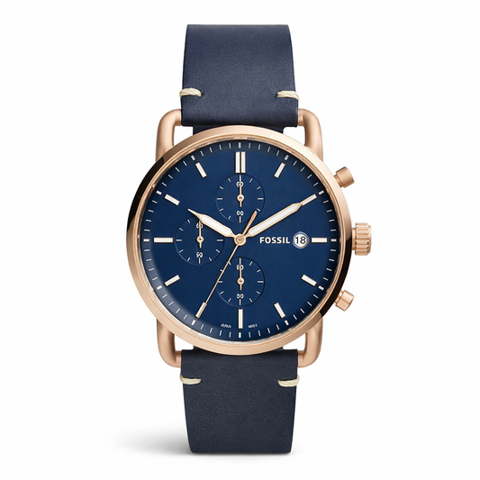 Fossil Minimalist Chronograph Watch Rose Gold Case Navy Dial Leather Strap