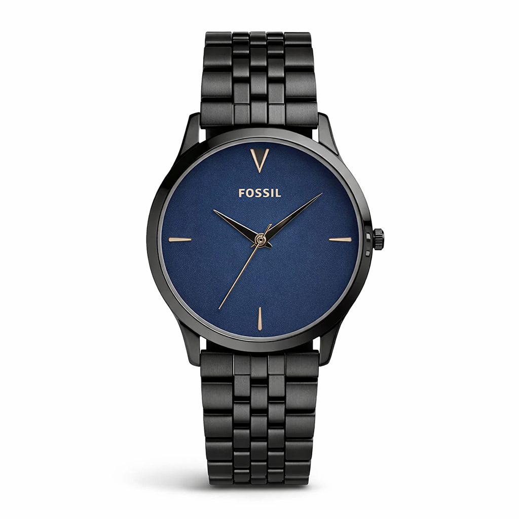 Fossil Minimal Blue Dial Black Stainless Steel Mesh Strap