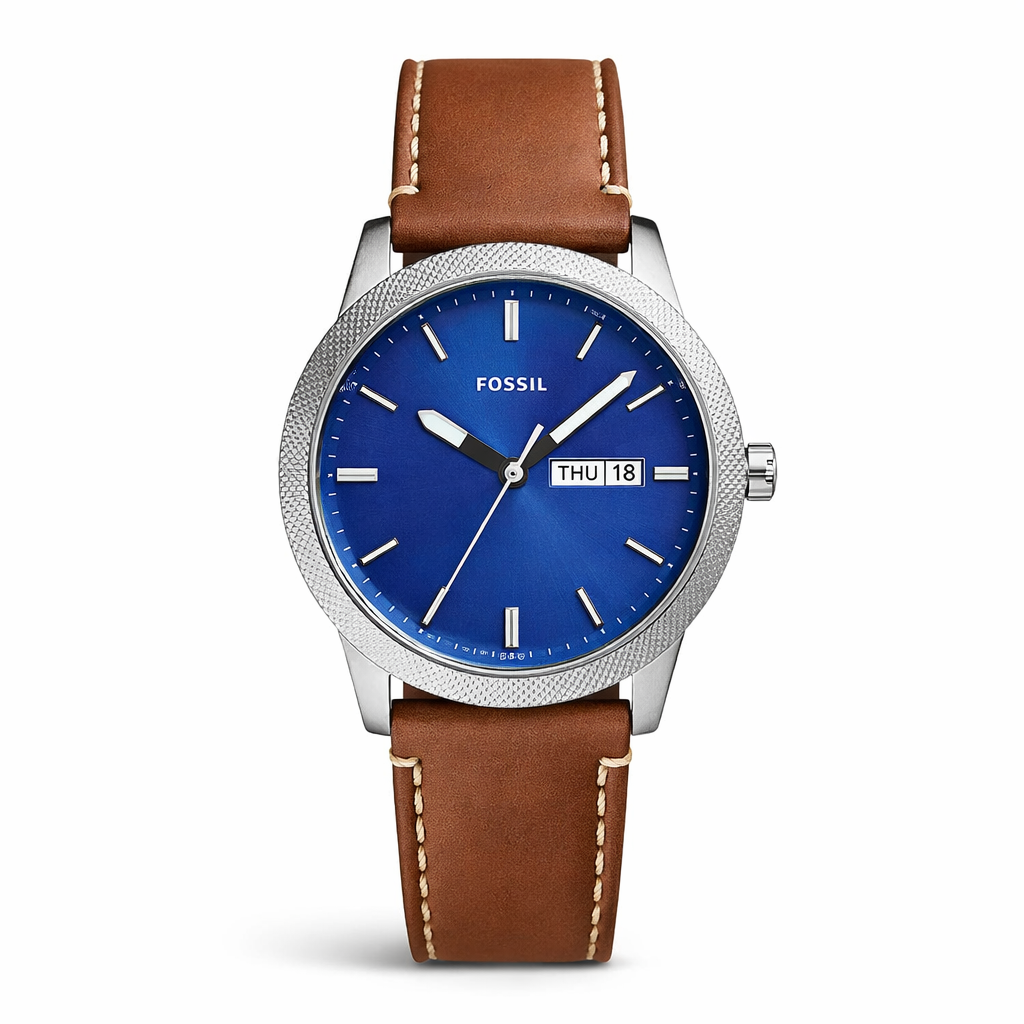 Fossil Day-Date Blue Dial Silver Case Brown Leather Strap