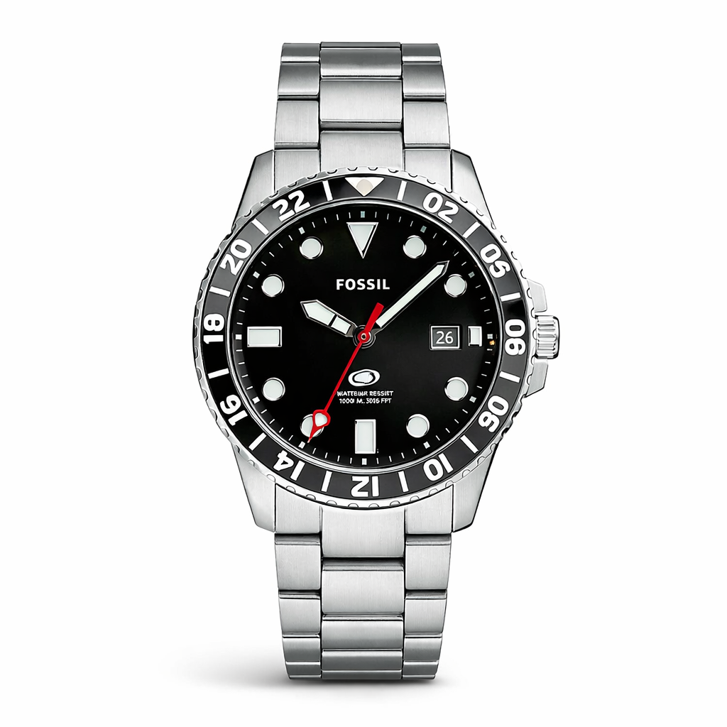 Fossil Diver Style Black Dial Silver Stainless Steel Bracelet