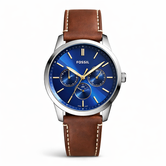 Fossil Multifunction Blue Dial Silver Case Brown Leather Strap