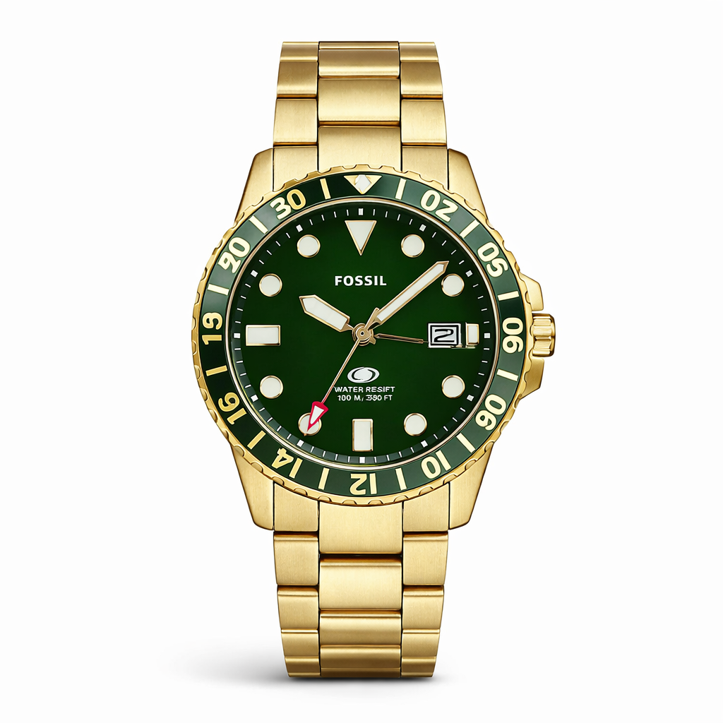 Fossil Diver Style Green Dial Gold Stainless Steel Bracelet