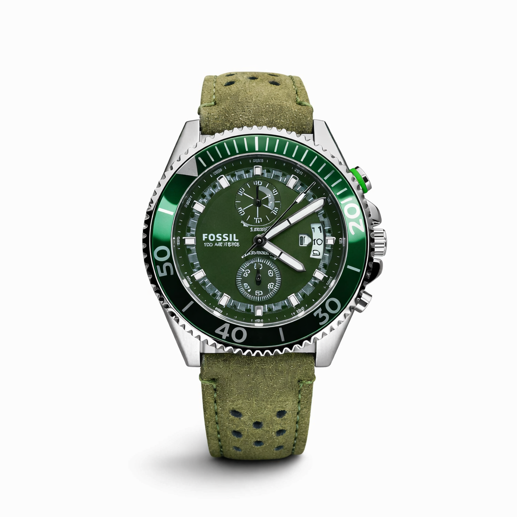 Fossil Sport Chronograph Green Dial Silver Case Olive Leather Strap