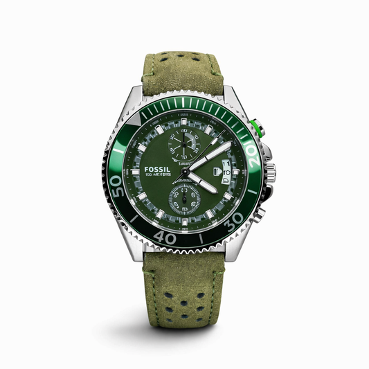 Fossil Sport Chronograph Green Dial Silver Case Olive Leather Strap