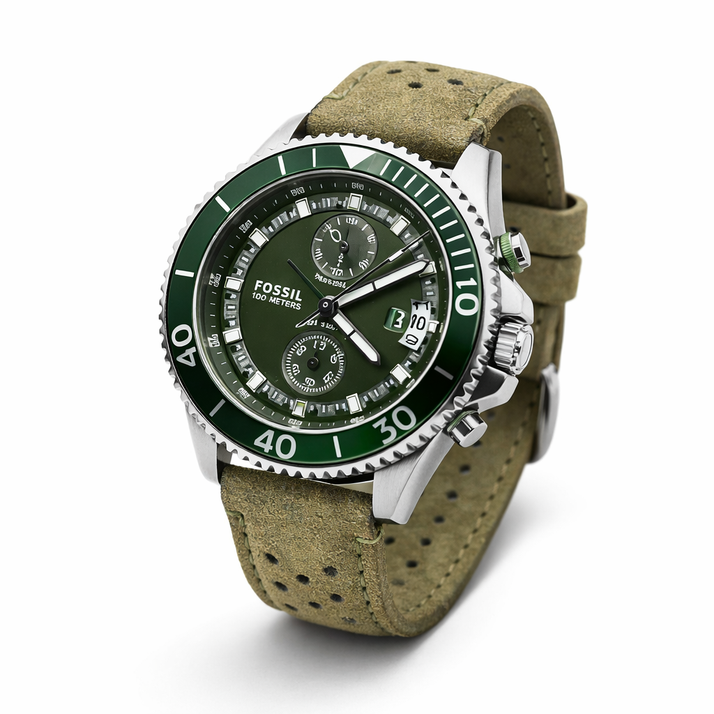 Fossil Sport Chronograph Green Dial Silver Case Olive Leather Strap