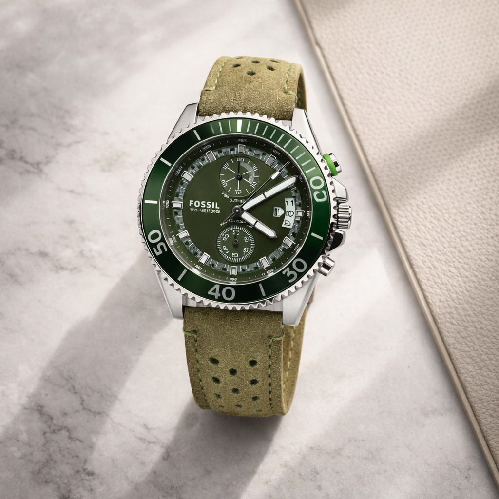 Fossil Sport Chronograph Green Dial Silver Case Olive Leather Strap