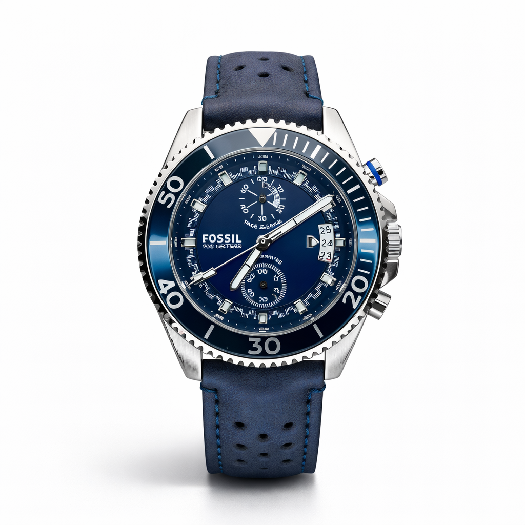 Fossil Chronograph Sport Watch Silver Case Blue Dial Blue Leather Strap