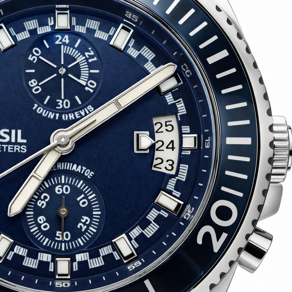 Fossil Chronograph Sport Watch Silver Case Blue Dial Blue Leather Strap