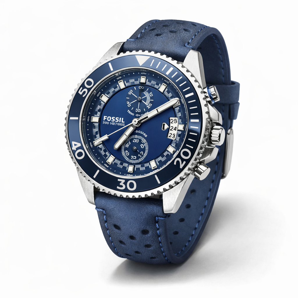 Fossil Chronograph Sport Watch Silver Case Blue Dial Blue Leather Strap